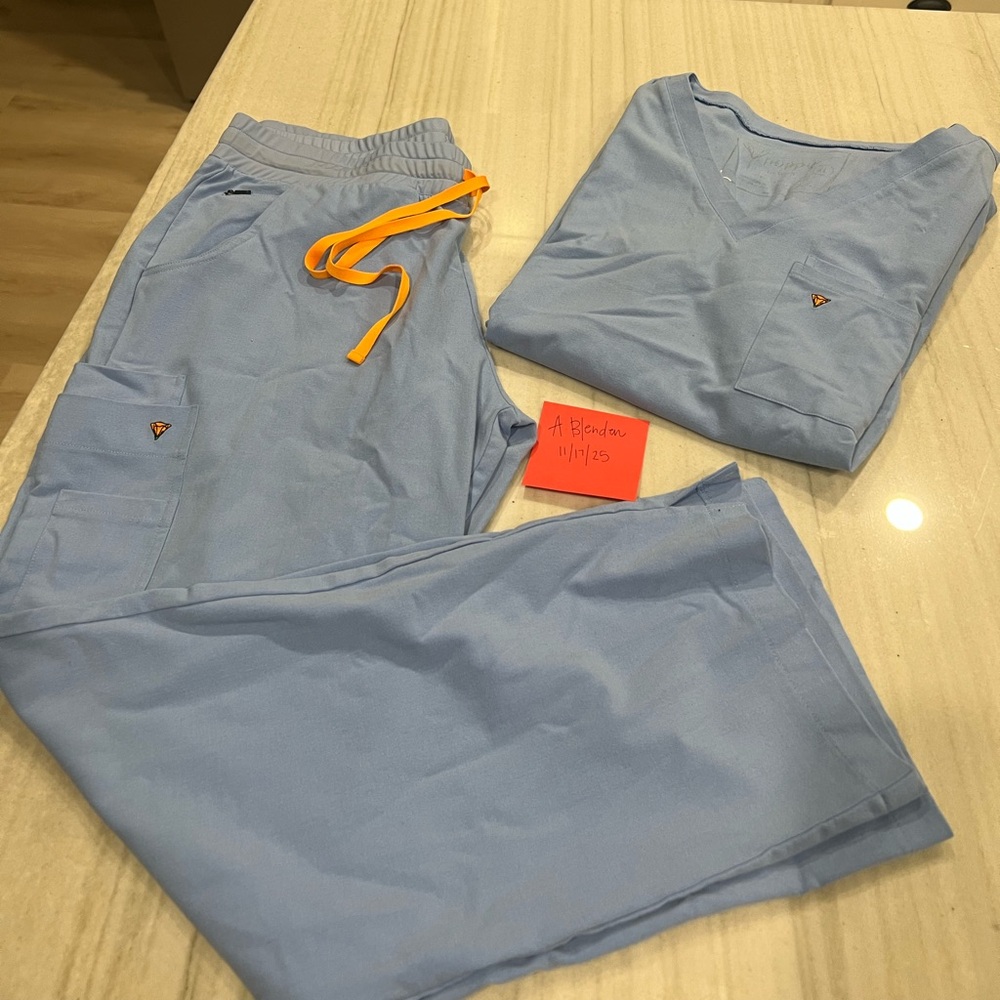 Poppy Brand Ceil Blue Jogger Scrub Set with Orange Drawstring